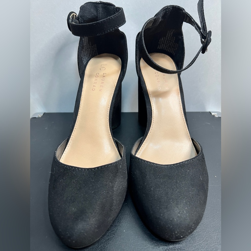 Lauren Conrad Hydrangea Black Suede Block Heel Ankle Strap Pumps 8.5
